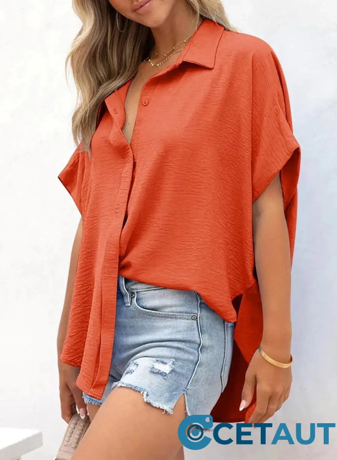 🔥Hot Sale 50% OFF🔥Women's Casual Button Short Sleeve Slit Hem Shirt Solid Color Tops cetaut