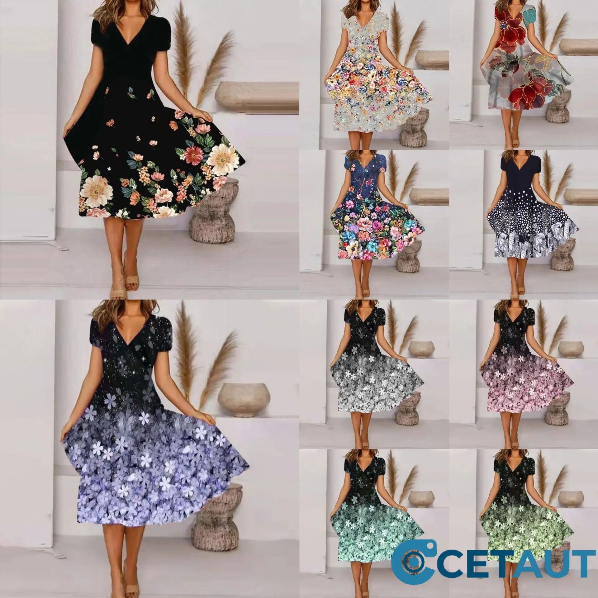 🌺Fließendes, bedrucktes Kleid mit V-Ausschnitt für Damen-Bequem. Elegant. Für JEDEN Tag cetaut