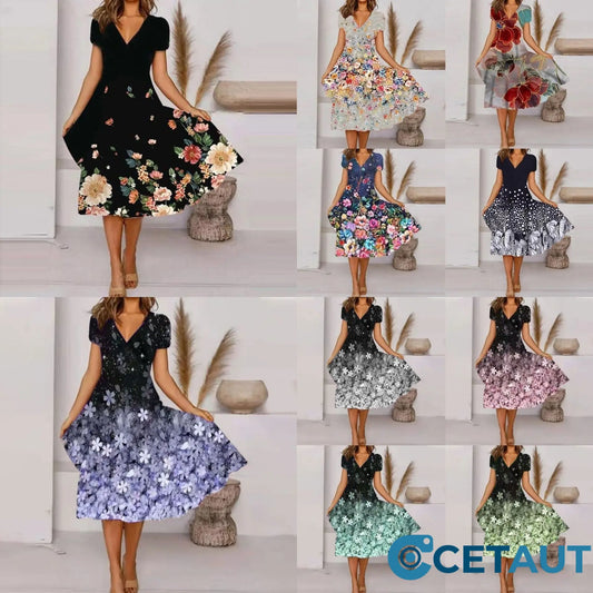 🌺Fließendes, bedrucktes Kleid mit V-Ausschnitt für Damen-Bequem. Elegant. Für JEDEN Tag cetaut
