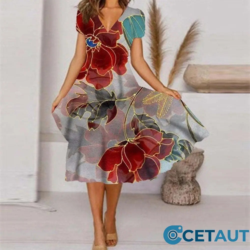 🌺Fließendes, bedrucktes Kleid mit V-Ausschnitt für Damen-Bequem. Elegant. Für JEDEN Tag cetaut