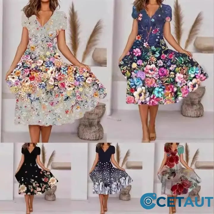 🌺Fließendes, bedrucktes Kleid mit V-Ausschnitt für Damen-Bequem. Elegant. Für JEDEN Tag cetaut