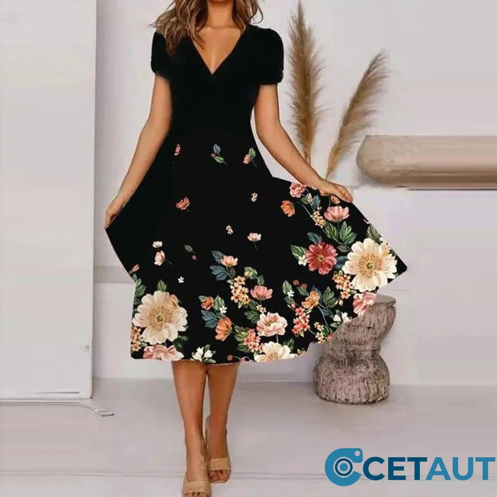 🌺Fließendes, bedrucktes Kleid mit V-Ausschnitt für Damen-Bequem. Elegant. Für JEDEN Tag cetaut