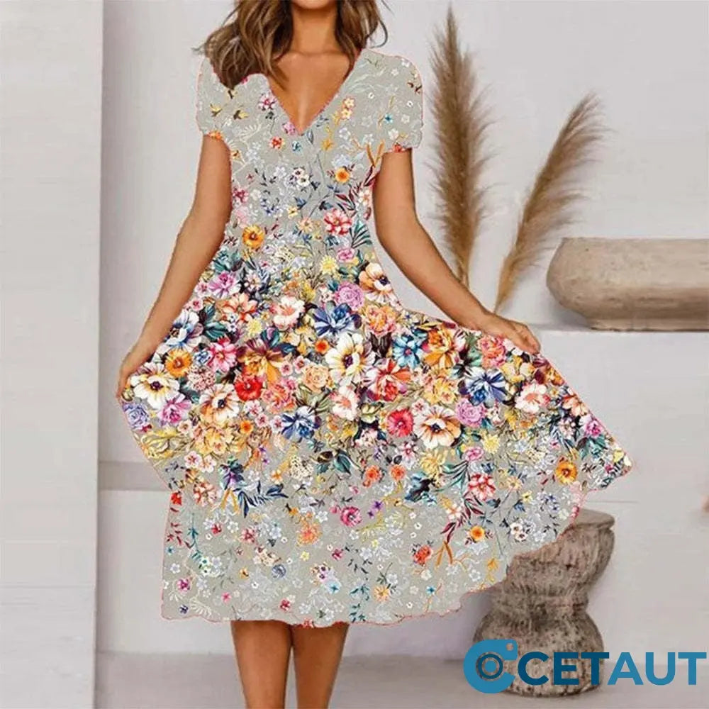 🌺Fließendes, bedrucktes Kleid mit V-Ausschnitt für Damen-Bequem. Elegant. Für JEDEN Tag cetaut