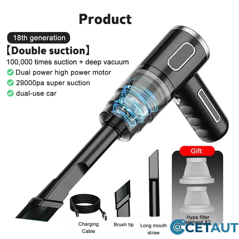 120W Super-Starker kabelloser Auto-Staubsauger - wiederaufladbarer Handstaubsauger mit Zyklon-Saugkraft - mühelose, ultra-portable Autoreinigungslösung für unterwegs cetaut