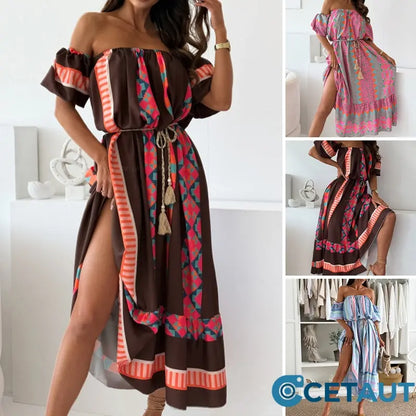✨Damen lässiges schulterfreies Kleid mit Druck cetaut