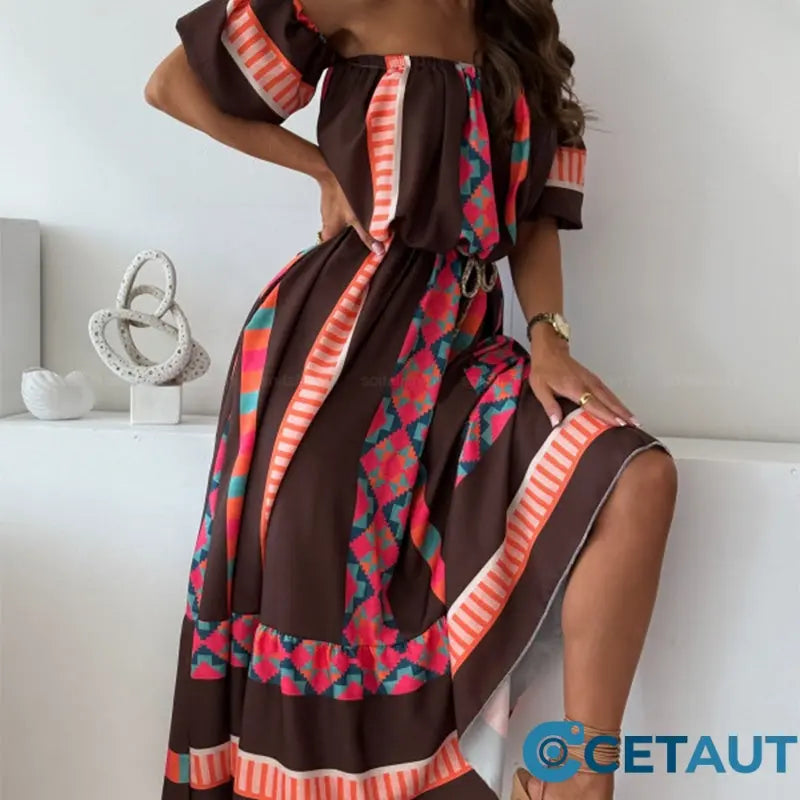 ✨Damen lässiges schulterfreies Kleid mit Druck cetaut