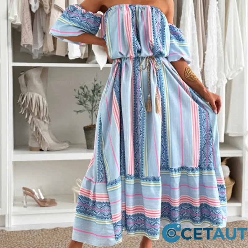 ✨Damen lässiges schulterfreies Kleid mit Druck cetaut