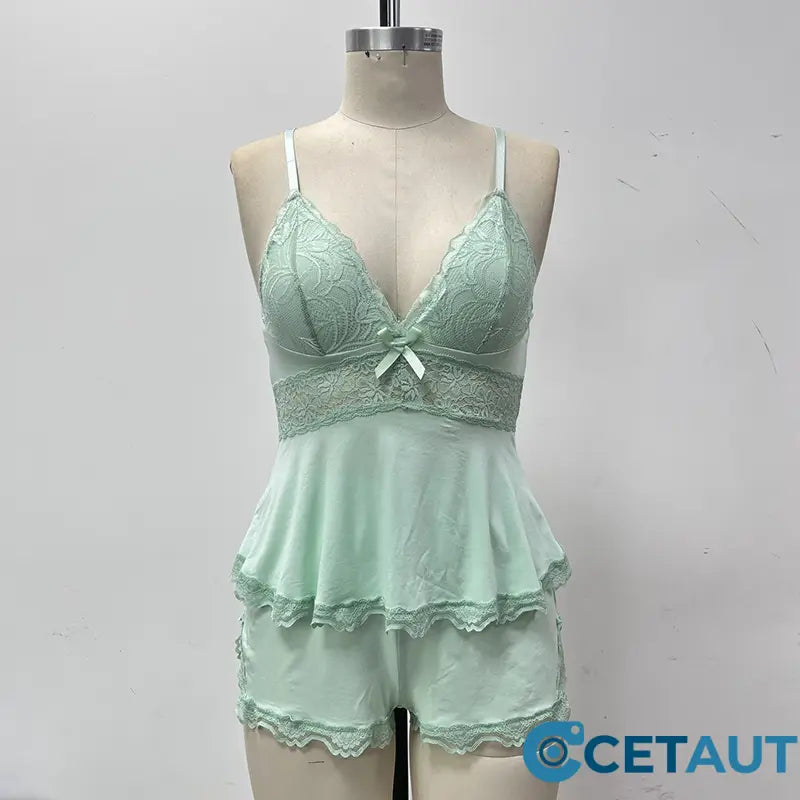 💖Nachtwäsche-Set aus Camisole und Shorts mit V-Ausschnitt und Spitzenbesatz✨ cetaut