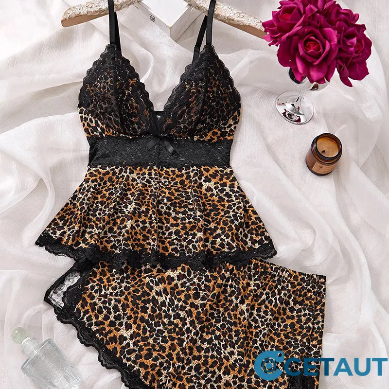 💖Nachtwäsche-Set aus Camisole und Shorts mit V-Ausschnitt und Spitzenbesatz✨ cetaut
