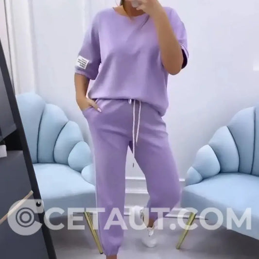 ⏳Zeitlich begrenztes Angebot⏰ Damen Casual Top & Hose in Uni-Farben cetaut