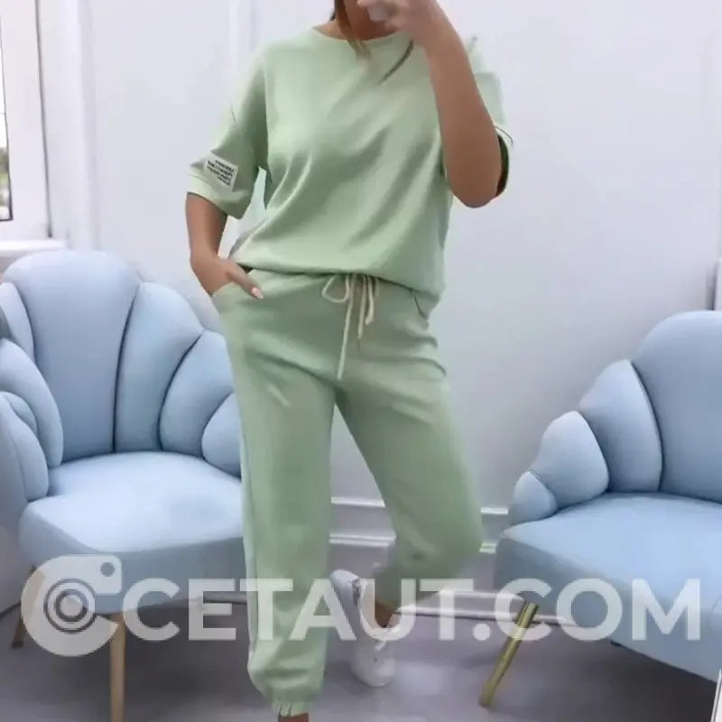 ⏳Zeitlich begrenztes Angebot⏰ Damen Casual Top & Hose in Uni-Farben cetaut