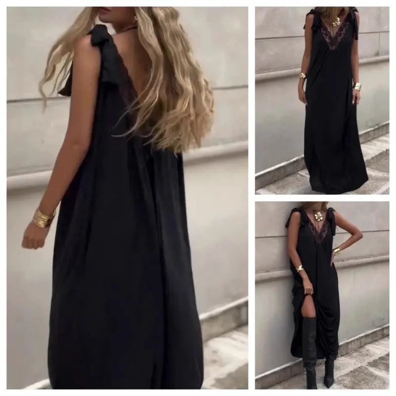 Damen Spitze V-Ausschnitt Ärmelloses Maxikleid cetaut