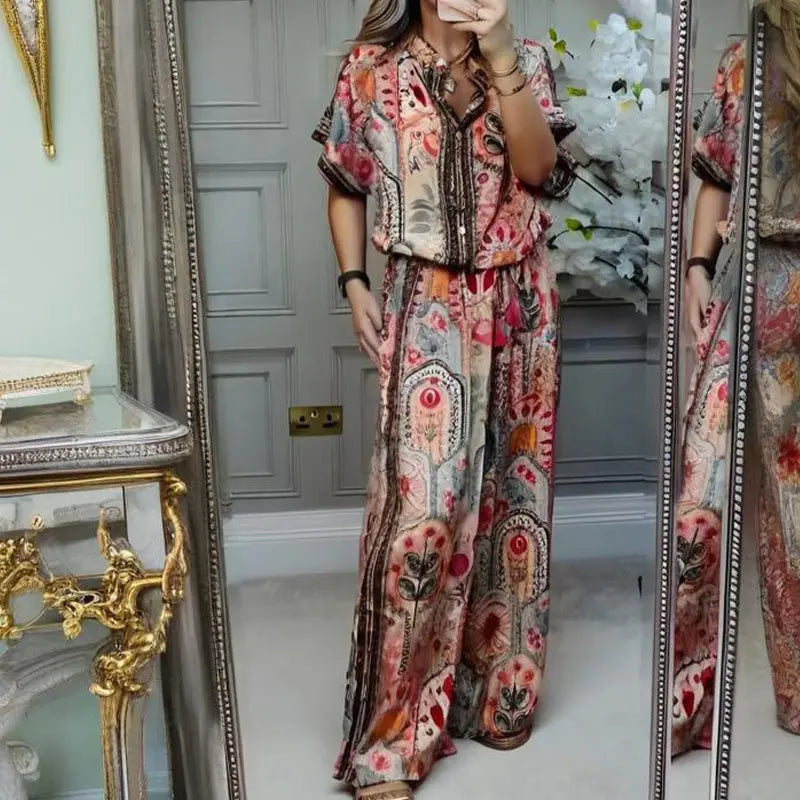 🎉💃Damen-Zweiteiler aus atmungsaktivem Stretchstoff | Knopfleisten-Crop-Top + High-Waist-Weithose | Elegantes Print-Design für Büro & Freizeit | Größen S-5XL cetaut
