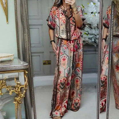 🎉💃Damen-Zweiteiler aus atmungsaktivem Stretchstoff | Knopfleisten-Crop-Top + High-Waist-Weithose | Elegantes Print-Design für Büro & Freizeit | Größen S-5XL cetaut