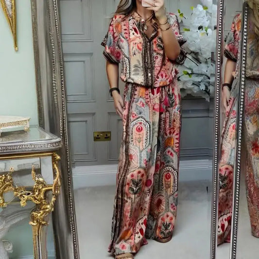 🎉💃Damen-Zweiteiler aus atmungsaktivem Stretchstoff | Knopfleisten-Crop-Top + High-Waist-Weithose | Elegantes Print-Design für Büro & Freizeit | Größen S-5XL cetaut