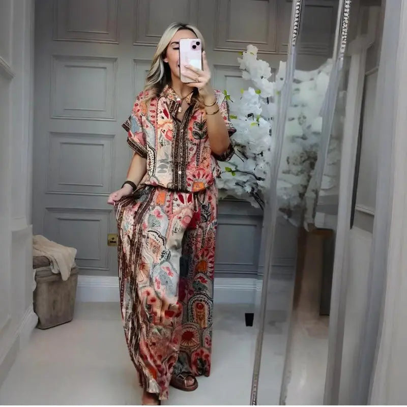 🎉💃Damen-Zweiteiler aus atmungsaktivem Stretchstoff | Knopfleisten-Crop-Top + High-Waist-Weithose | Elegantes Print-Design für Büro & Freizeit | Größen S-5XL cetaut