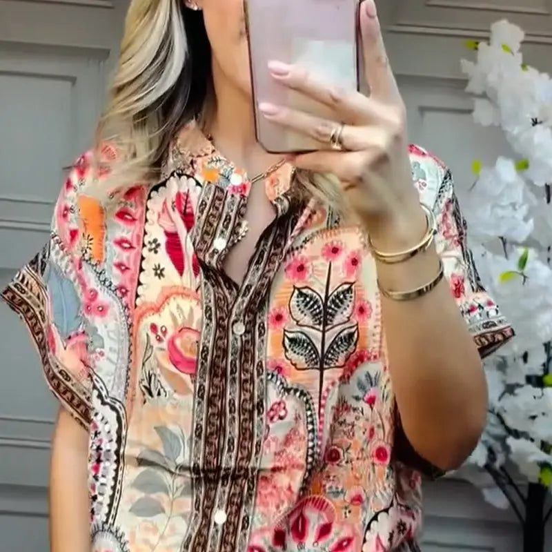 🎉💃Damen-Zweiteiler aus atmungsaktivem Stretchstoff | Knopfleisten-Crop-Top + High-Waist-Weithose | Elegantes Print-Design für Büro & Freizeit | Größen S-5XL cetaut