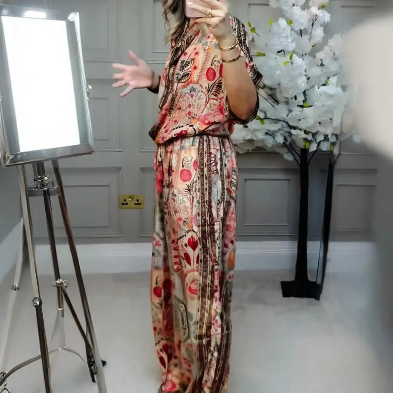 🎉💃Damen-Zweiteiler aus atmungsaktivem Stretchstoff | Knopfleisten-Crop-Top + High-Waist-Weithose | Elegantes Print-Design für Büro & Freizeit | Größen S-5XL cetaut