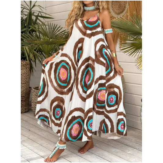 Spaghettiträgerkleid mit Boho-Print und lockerem Schnitt cetaut