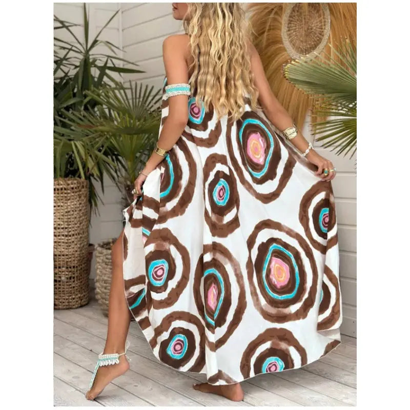 Spaghettiträgerkleid mit Boho-Print und lockerem Schnitt cetaut