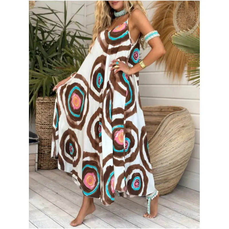 Spaghettiträgerkleid mit Boho-Print und lockerem Schnitt cetaut