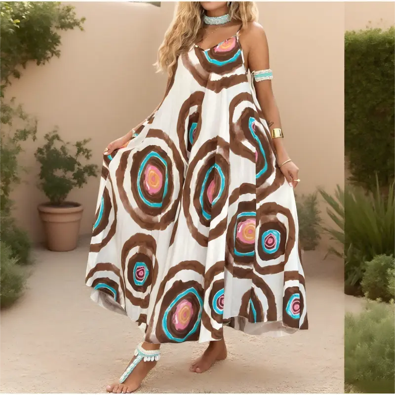 Spaghettiträgerkleid mit Boho-Print und lockerem Schnitt cetaut