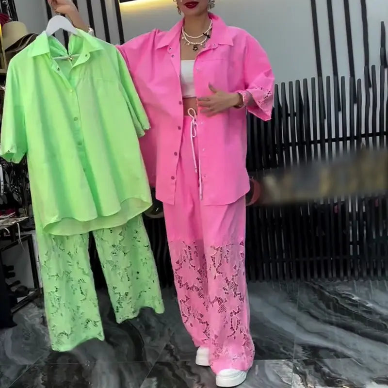 Damen-Zweiteiler: Bluse mit Knopfleiste & Hose cetaut