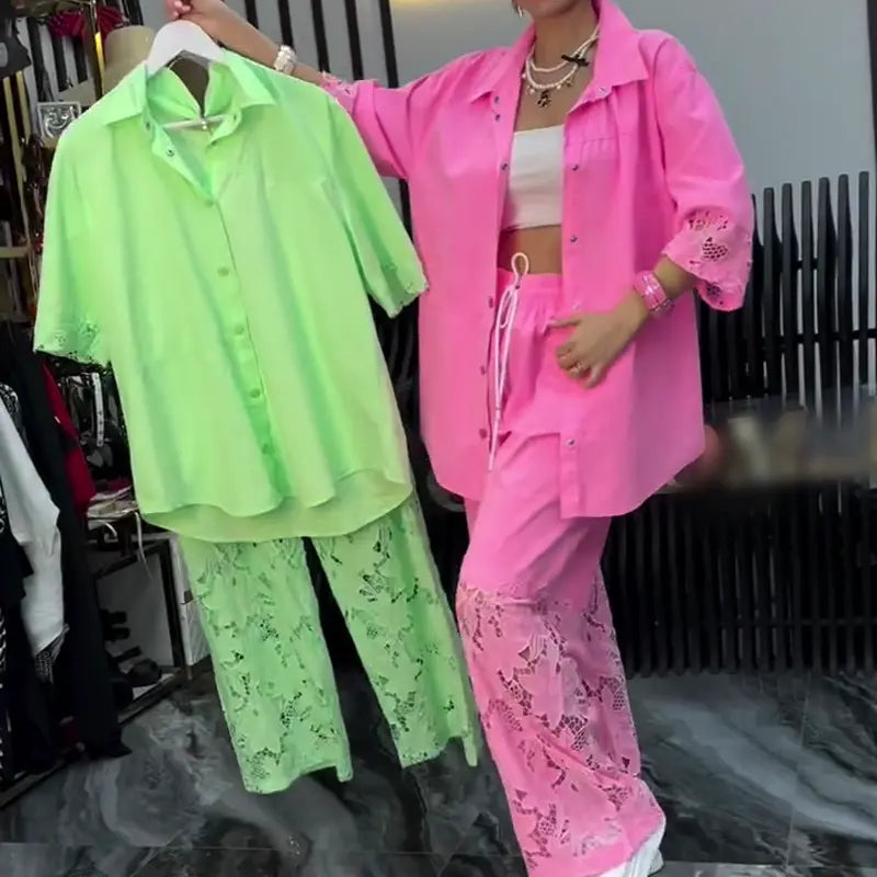 Damen-Zweiteiler: Bluse mit Knopfleiste & Hose cetaut