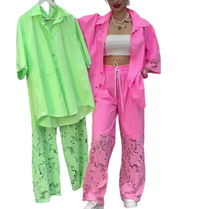 Damen-Zweiteiler: Bluse mit Knopfleiste & Hose cetaut