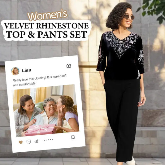 🔥Women's Velvet Rhinestone Top & Pants Set cetaut