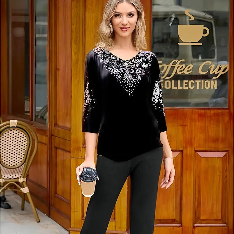 🔥Women's Velvet Rhinestone Top & Pants Set cetaut
