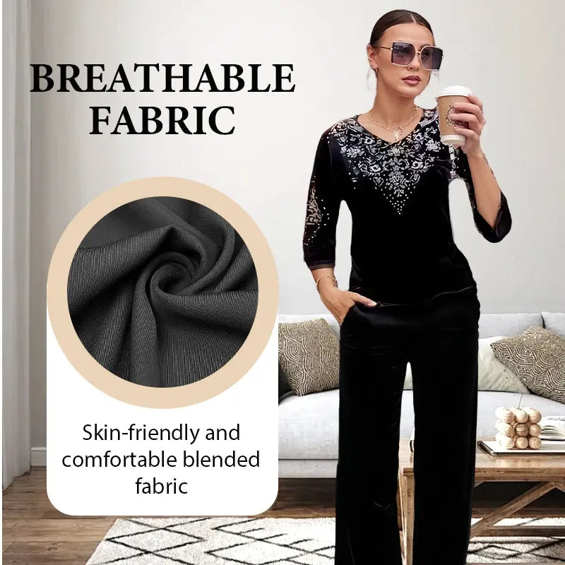 🔥Women's Velvet Rhinestone Top & Pants Set cetaut