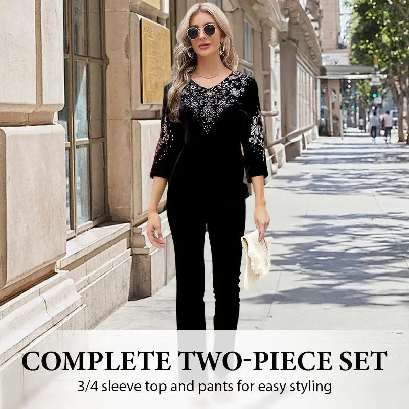 🔥Women's Velvet Rhinestone Top & Pants Set cetaut
