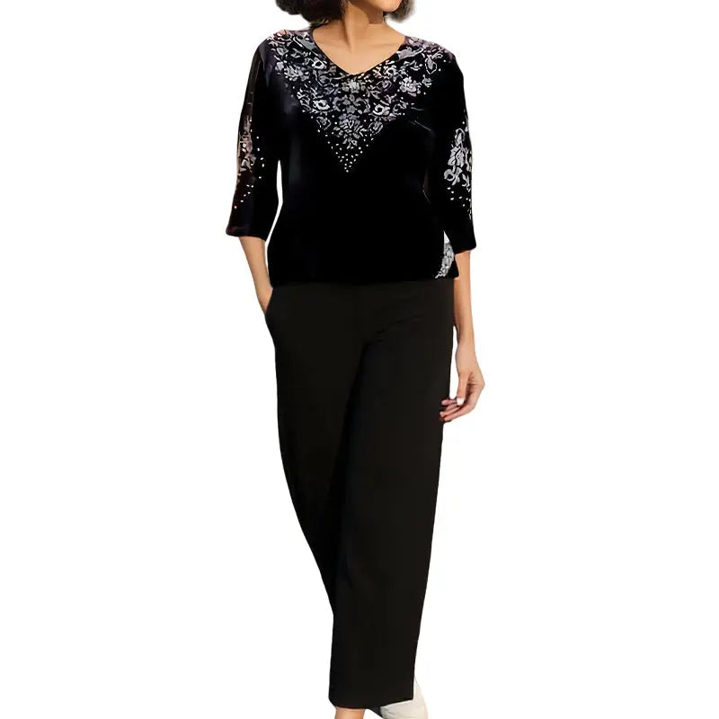 🔥Women's Velvet Rhinestone Top & Pants Set cetaut