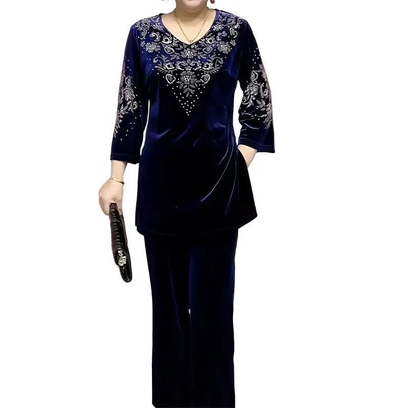 🔥Women's Velvet Rhinestone Top & Pants Set cetaut