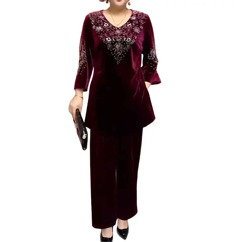 🔥Women's Velvet Rhinestone Top & Pants Set cetaut